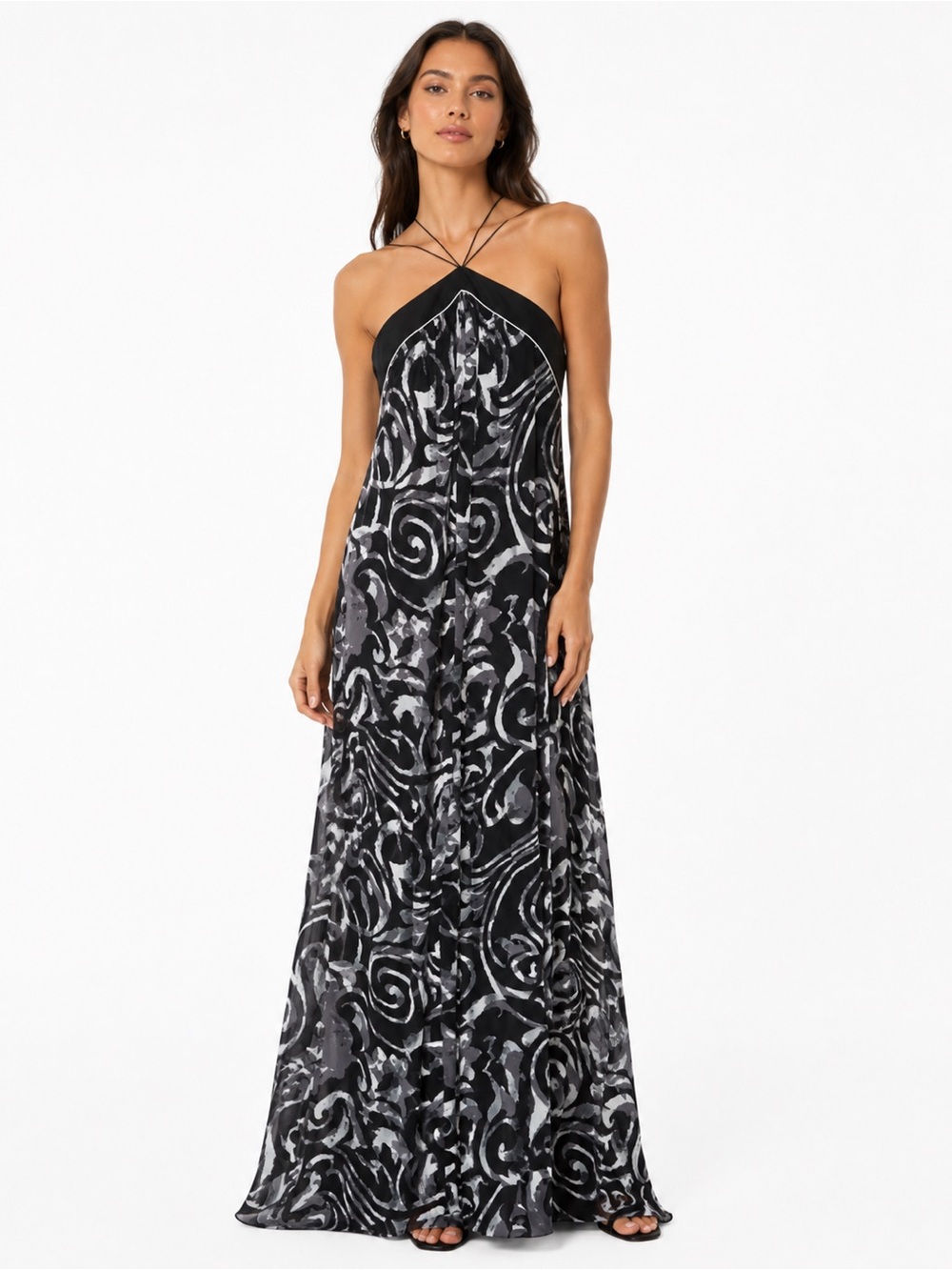 Theia Silk Halter Gown Black Gray Abstract Print Formal Evening Dress Women’s